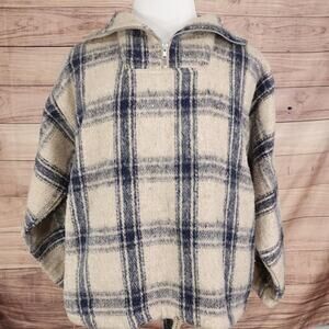 Earth Ragz Sweater Mens Medium Beige‎ Blue Plaid Quarter Zip Pullover Warm